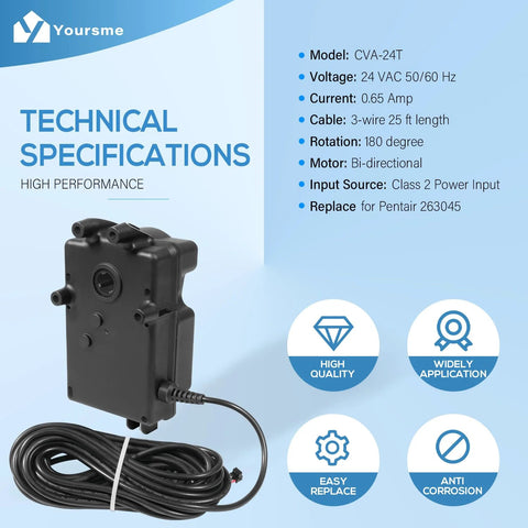CVA 24T Valve Actuator For 24VAC Control Systems, side view showing 25-foot cable, compact black design for pool valve replacement.