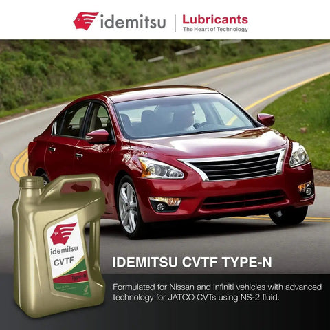 Red Nissan with Idemitsu CVT Type N NS2 Transmission Fluid 5 Qt bottle, designed for high torque CVTs with anti shudder performance.