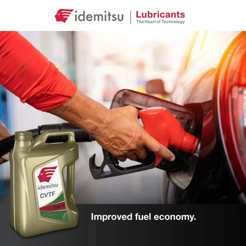 Person refueling car with Idemitsu CVT Type N NS2 Transmission Fluid for Nissan, bottle displayed, focus on fuel economy.