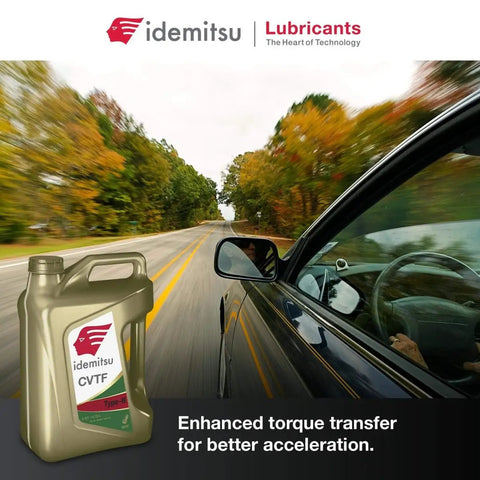 Driving scene with CVT Type N NS2 Transmission Fluid For Nissan 5 Qt Bottle; enhanced torque transfer text displayed.