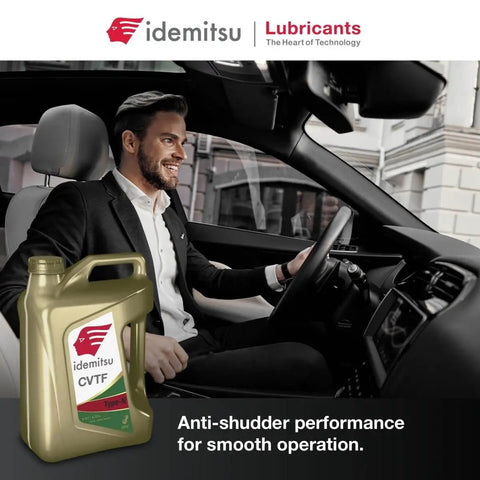Man driving a car with Idemitsu CVTF bottle, showcasing CVT Type N NS2 Transmission Fluid for Nissan Rides and Rigs 5 Qt Bottle.