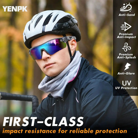 Cyclist wearing 12 Pack ANSI Z87.1 Safety Glasses With UV Protection Blue Mirror Gray Frame