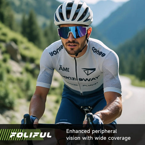 Cyclist wearing 3 Pack Polarized Sunglasses For Men And Women UV400 Protection Glasses Gray during a mountain ride