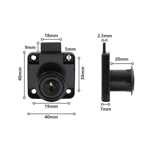Front and side view of Alloy Cylinder Drawer Lock For Office Cabinets And Desks With Two Keys 19mm Hole Diameter Durable Cold Rolled Steel Black Finish