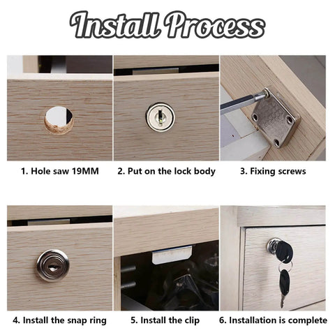Installation process of alloy cylinder drawer lock for office cabinets and desks with two keys, 19mm hole, black finish.