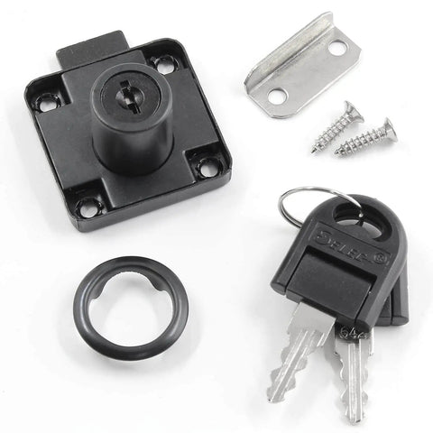 Alloy Cylinder Drawer Lock For Office Cabinets And Desks With Two Keys 19mm Hole Diameter Durable Cold Rolled Steel Black Finish Easy Locking And Secure Ideal for Home or Office, shown dismantled with keys and screws.