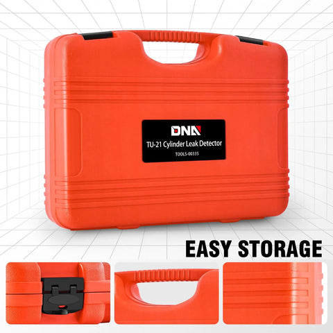 Front view of DNA TU-21 Cylinder Leak Detector case, orange plastic carrying case with handle and TOOL-00335 label
