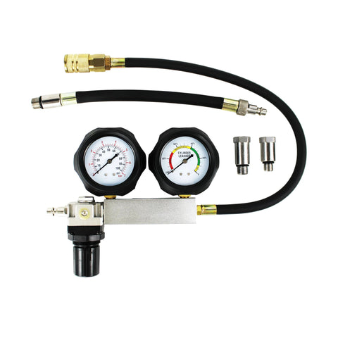 Automotive HFS cylinder leak detector kit with dual gauges, hoses, and metal manifold for engine compression testing.