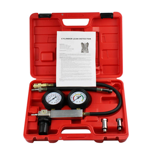 HFS Cylinder Leak Detector kit in red carrying case with dual gauges, hoses and adapters.