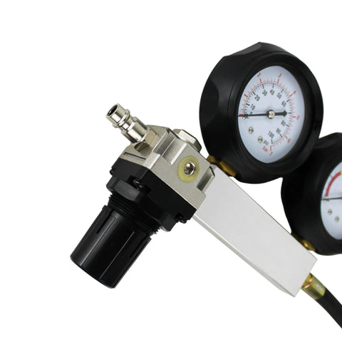 HFS cylinder leak detector with dual gauges and regulator for engine compression testing