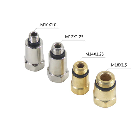 Automotive leak-down tester adapter set, 4-piece chrome/brass, M10X1.0, M12X1.25, M14X1.25, M18X1.5.