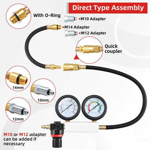 8MILELAKE cylinder leak-down tester kit with dual gauges and M10/M12/M14 adapters for gasoline engines