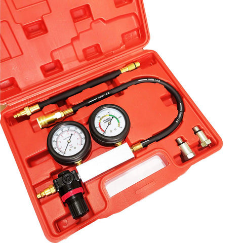 Engine leak-down tester set by Amazon with dual gauges, hoses and brass fittings in red case