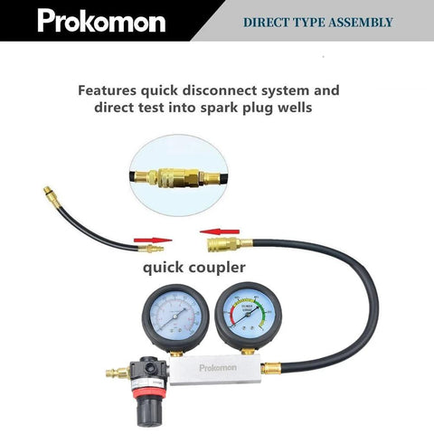 Prokomon engine cylinder leak-down tester kit with extension rod, dual gauges, brass fittings and hoses.