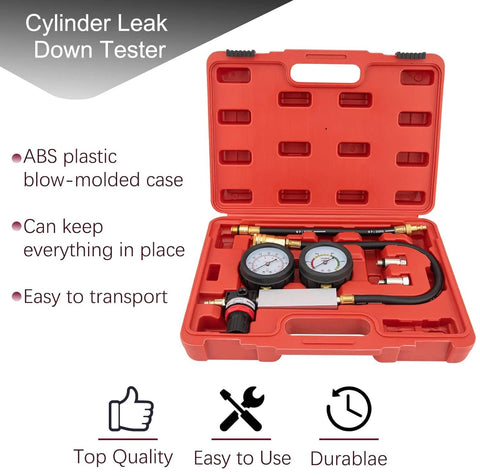Cylinder leak-down tester kit Tu-21 with dual gauges in red ABS blow-molded case and hoses