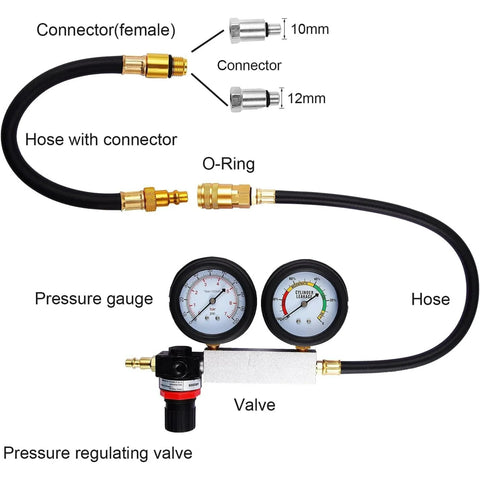 Cylinder leak-down tester kit with dual 100 PSI gauges, brass fittings, hose, and 10–18 mm spark plug adapters.