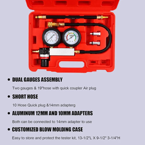Automotive cylinder leak-down tester kit with dual 100 PSI gauges, red case, hoses and 10-18mm spark plug adapters