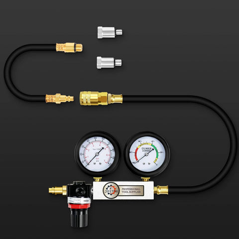 JIFETOR cylinder leak-down tester with dual gauges for engine, brass fittings and 10/12/14mm spark plug adapters