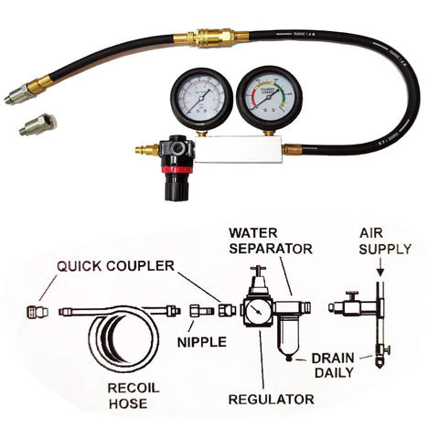 Automotive TU-21 leak-down tester with dual gauges, hose assembly, brass fittings and regulator block