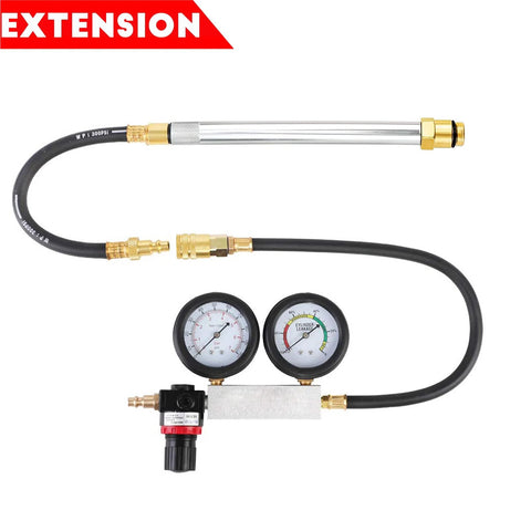 Automotive cylinder leak-down tester kit with dual gauges, brass fittings, hoses, extension rod