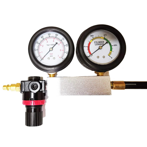 Two-dial engine cylinder leak tester gauge set with brass fittings and hose