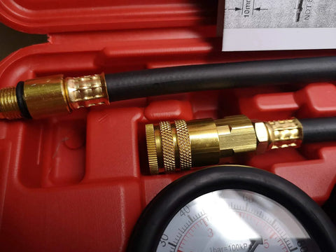 Cylinder leak-down tester kit with brass fittings and dual gauge, red tool case, Amazon brand