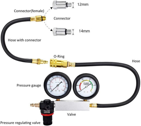 Cylinder leak-down tester kit with dual gauges, hose and brass connectors for engine diagnostics, Amazon brand