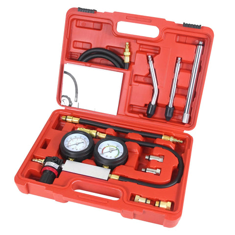 Automotive multi-function cylinder leak-down tester kit with dual gauges, hoses and brass adapters in a red case