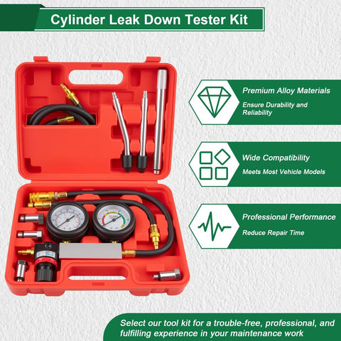Marvelity Cylinder Leak Down Tester Kit in red case with pressure gauges, hoses, and adapters.