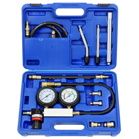 YSTOOL cylinder leak-down tester kit in blue case with dual gauges, hoses and extension rods