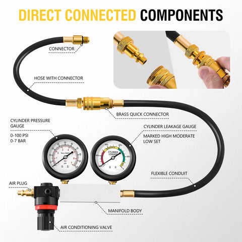 DNA Motoring TU-21 cylinder leak-down tester kit with brass quick connectors, hoses, gauges, and manifold body.