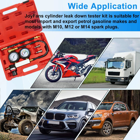 JoyFans cylinder leak-down tester kit with dual gauges in a red carrying case for gasoline engines with M10/M12/M14 spark plugs