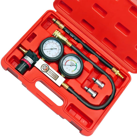 JIFETOR cylinder leak-down tester kit in red case with dual gauges, hoses, adapters and 10/12/14mm spark plug fittings.