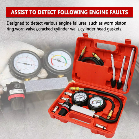 Cylinder leak-down tester kit in a red case with dual pressure gauges and hoses, TU-21 (Amazon)