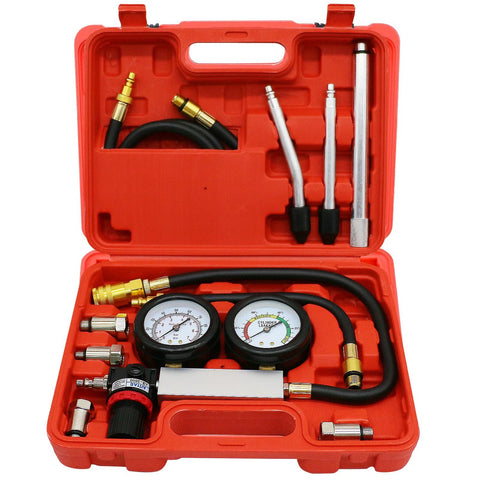 Cylinder Leak Down Tester Kit for Automotive Engine Compression Test and Leakage Diagnosis Light Red TU 21 Gauge Tool Set with hoses and gauges in case.