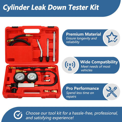 Cylinder leak-down tester kit with dual gauges in a red carrying case, hoses and fittings
