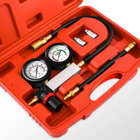 DNA Motoring TU-21 cylinder leak-down tester kit in red case with dual pressure gauges, hoses and adapters