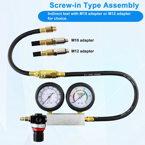 JoyFans cylinder leak-down tester kit with dual gauges, black hose, brass fittings, M10/M12 adapters front view