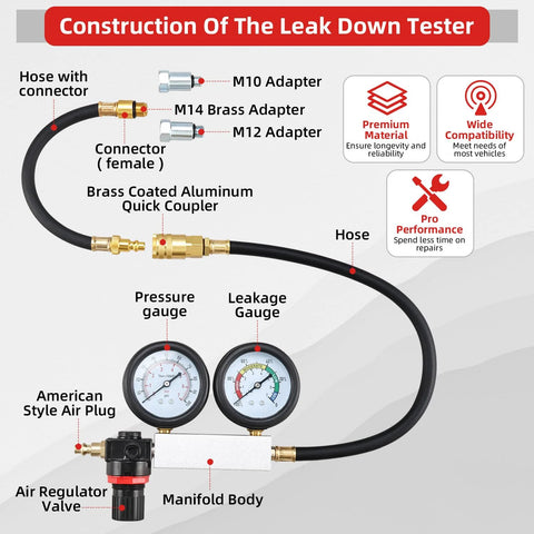 8MILELAKE cylinder leak-down tester kit with dual gauges, includes M10/M12/M14 adapters, hose and manifold body