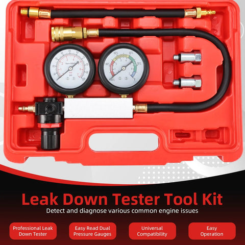 8MILELAKE cylinder leak-down tester kit in red case with dual gauges, hoses and brass fittings for gasoline engines