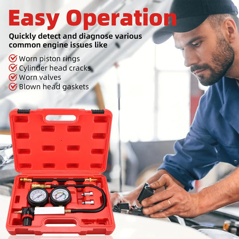 8MILELAKE cylinder leak-down tester kit in red case with dual gauges, hoses and adapters for automotive engines.