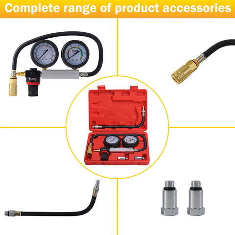 Amazon TU-21 cylinder leak-down tester kit with dual gauges, hoses and adapters in red carrying case