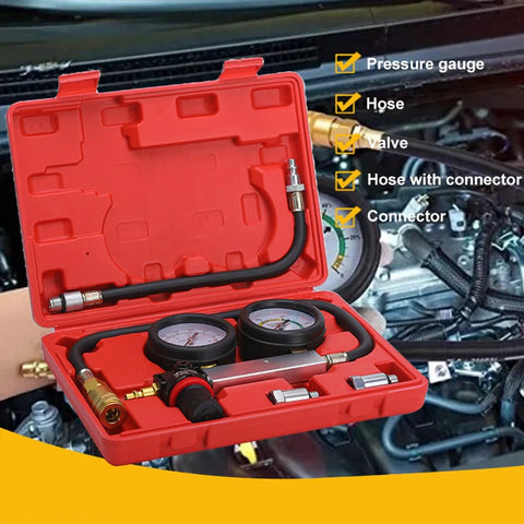 TU-21 Cylinder Leak-Down Tester Kit in red case with dual pressure gauges, hoses, valve, and connectors.