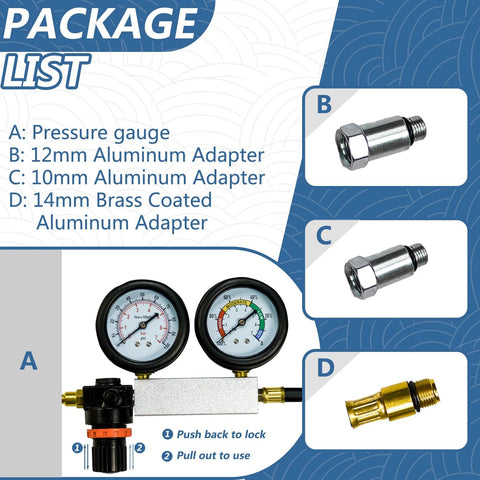 Bicos Cylinder Leak-Down Tester Kit with dual gauges; 12mm/10mm/14mm brass-coated adapters.