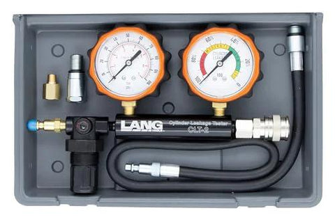 Lang Tools CLT-2 100 PSI cylinder leakage tester kit with two orange dial gauges in a gray carry case