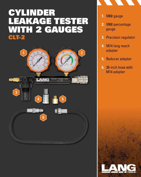 Lang Tools CLT-2 cylinder leakage tester with two orange gauges and hose