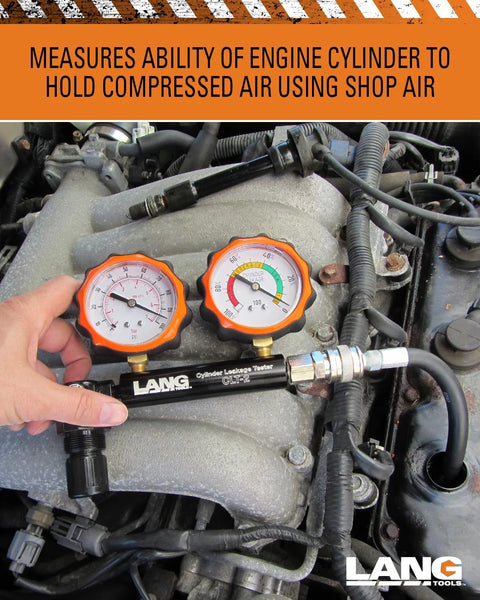 Cylinder leakage tester CLT-2 by Lang Tools with dual orange gauges on engine (100 PSI).