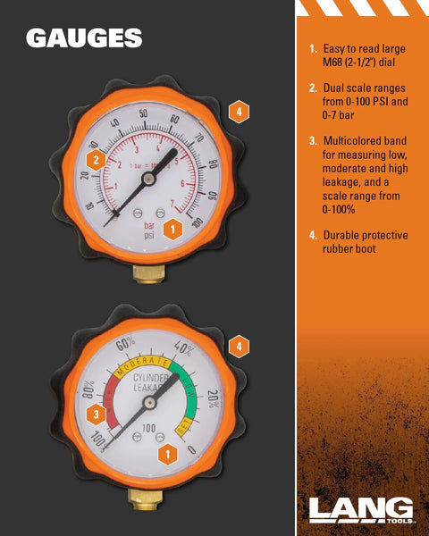 Lang Tools CLT-2 100 PSI cylinder leakage tester with two orange dial gauges