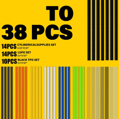 38-piece kit with cylindrical supplies, LDPE, and black TPO rods for 3 In 1 Plastic Welder Kit With 110V Power 1000 Staples And Welding Rods
