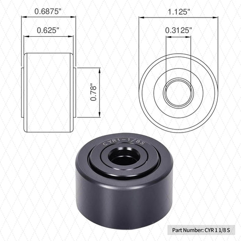 Technical drawing and photo of ✝️ 1 pcs cyr 1 1/8 s yoke cam follower roller bearing, 0.3125" bore x 1.1250" OD x 0.6875" width chrome steel.